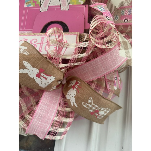 Easter Bunny Deco Mesh & Ribbon Spring Wreath Front Door Hanger Home Decor - Picture 5 of 9